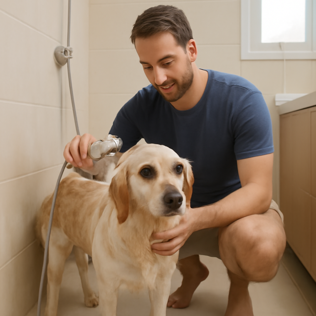 Banho do pet em casa sem entupir: como impedir que pelos e areia sanitária virem um problema no encanamento